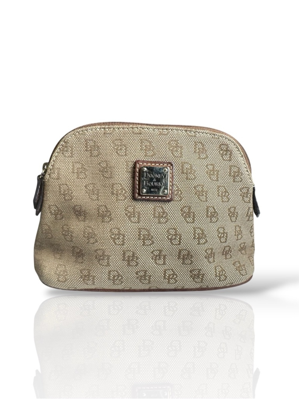 Dooney & Bourke Beige Logo Cosmetic Pouch with Leather Trim